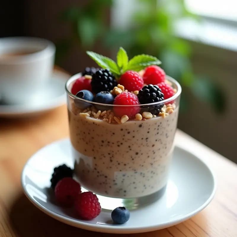 Copa de cristal transparente con pudín de chía y té de rooibos en capas, coronado con frutas del bosque frescas, nueces de pecana picadas y hojas de menta. Fondo claro con textura rústica.