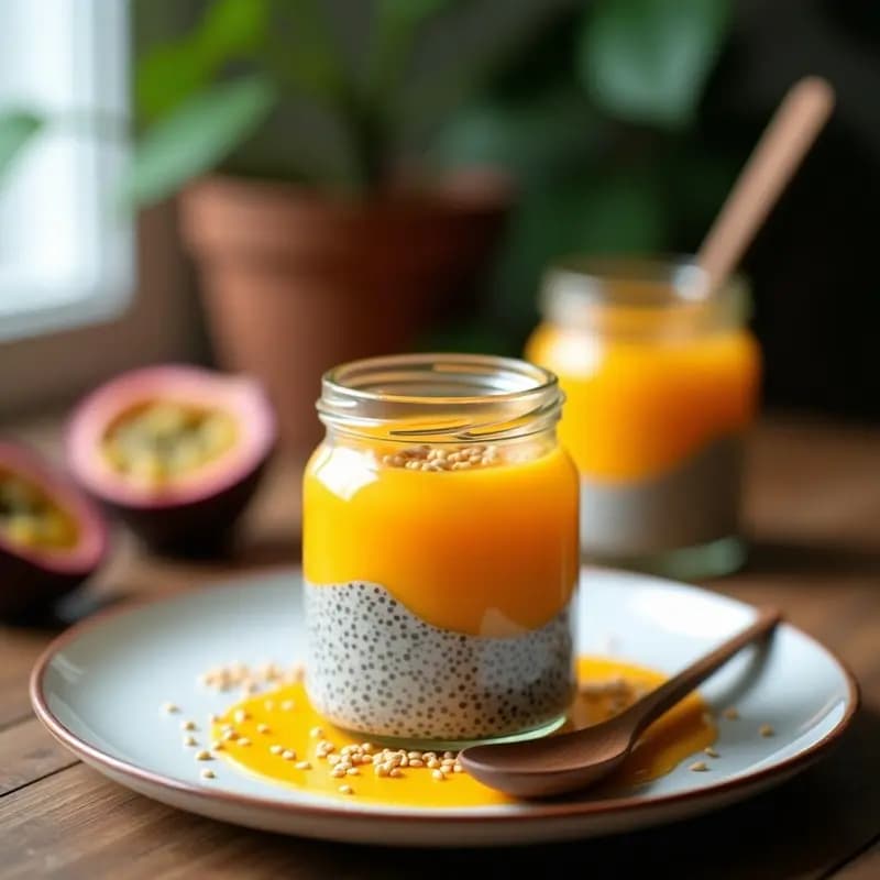 Pudín de chía en tarro de cristal con capas de zumo de lulo naranja y pulpa de granadilla amarilla, decorado con semillas de sésamo tostadas. Desayuno colombiano vegano y sin azúcar, servido en fondo rústico con cuchara de madera.