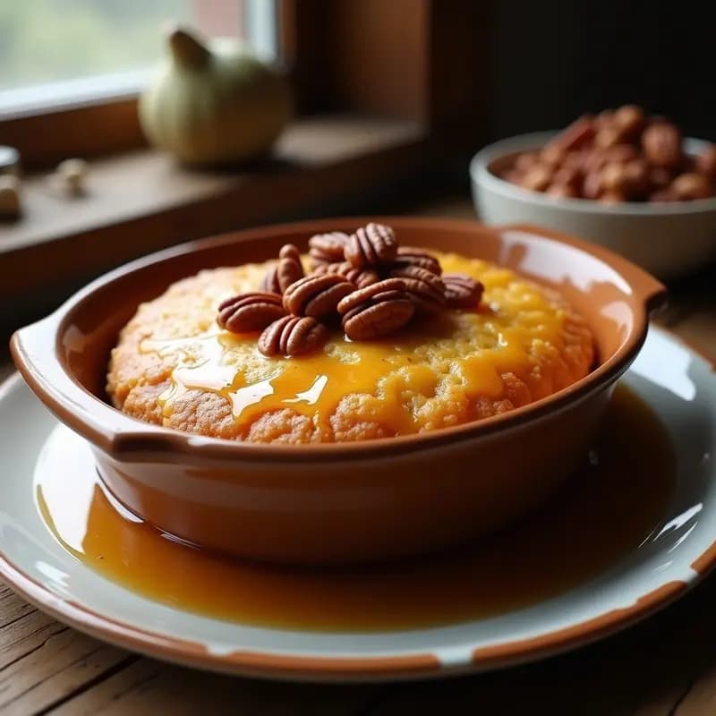 Pudín chômeur quebecois dorado en molde rectangular, bañado en sirope de arce brillante y coronado con nueces pecanas tostadas, servido en porción con cuchara.