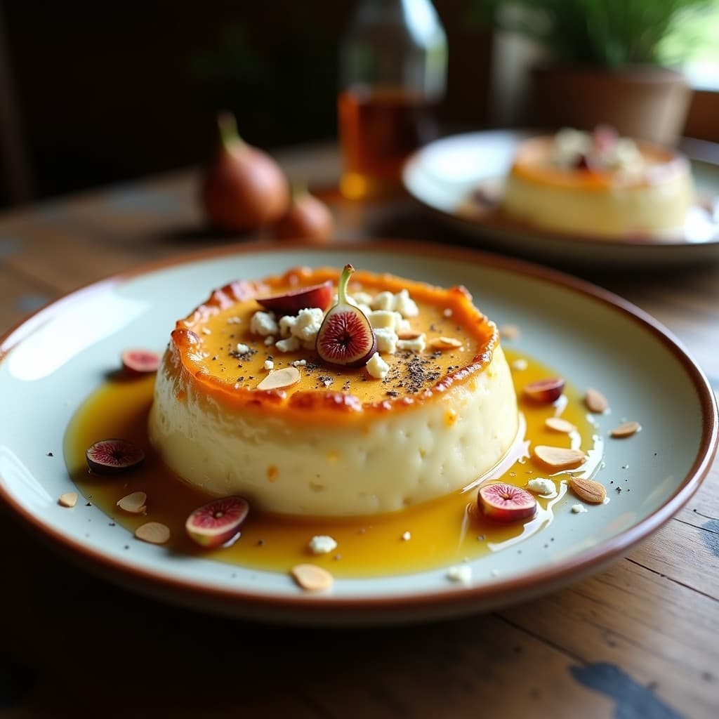 Pudín griego de choría y queso de cabra en molde redondo, con superficie dorada y almendras tostadas. Postre tradicional con toque salado, servido en plato rústico con hilo de miel de tomillo.