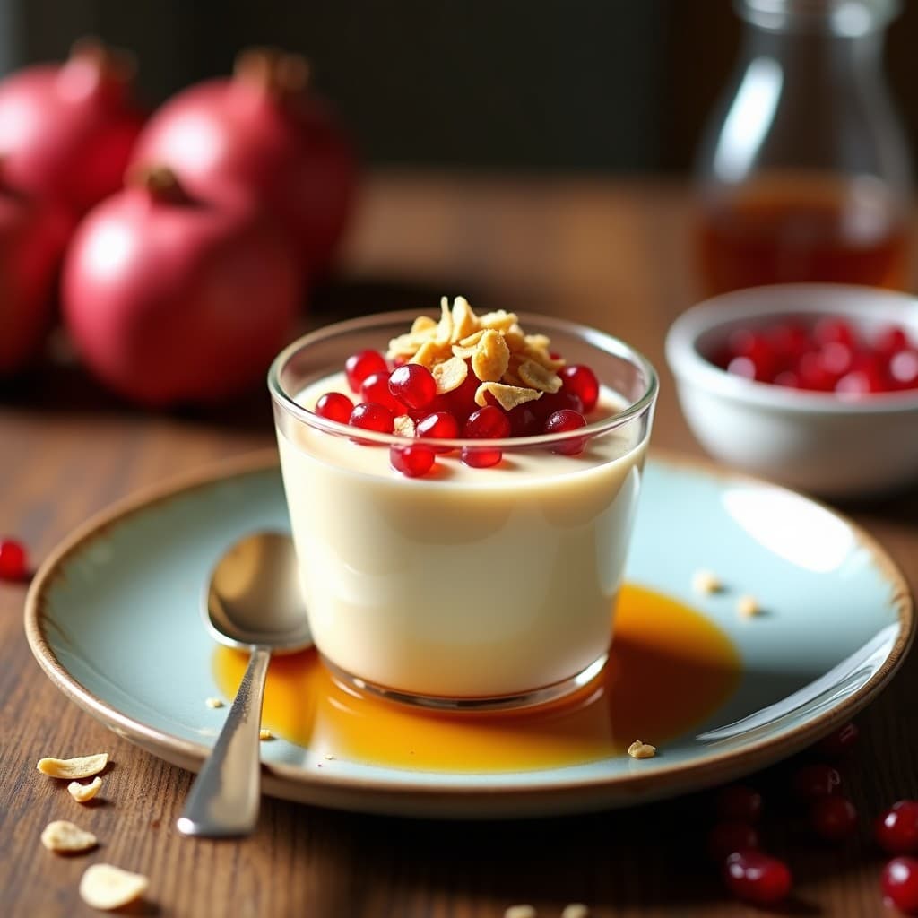 Pudín de chufa cremoso en copa de cristal, decorado con semillas de granado rojo intenso, almendras fileteadas doradas y un hilo de miel de agave, sobre fondo rústico de madera con toques de canela.