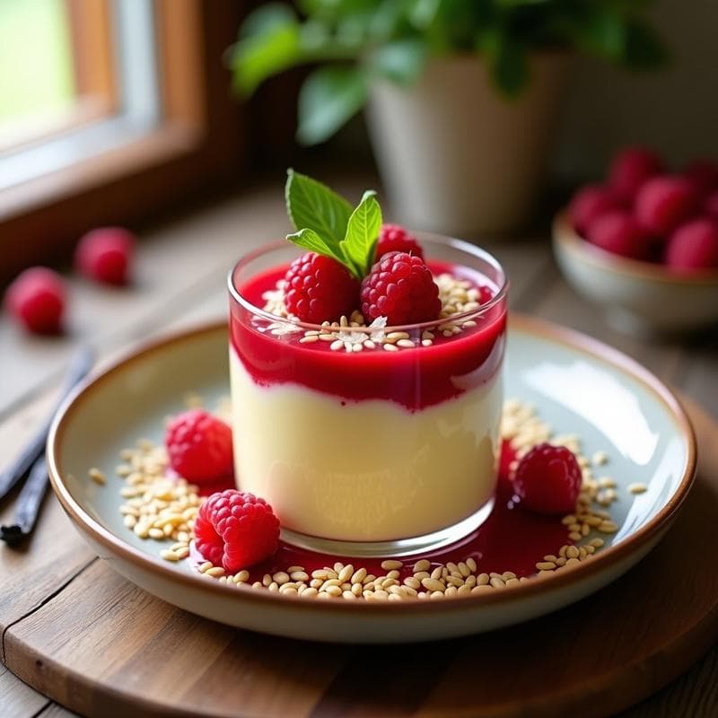 Pudín de semillas de girasol y vainilla en copa de cristal transparente, con capas cremosas y salsa de frambuesas roja vibrante por encima. Decorado con semillas de girasol tostadas y coco rallado. Postre raw vegano saludable.