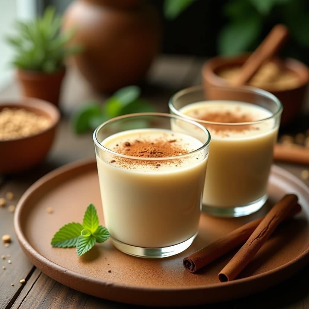Pudín de mijo y leche de soja con canela servido en un cuenco de barro, decorado con coco rallado y higos secos picados, sobre un fondo rústico de madera con especias esparcidas.