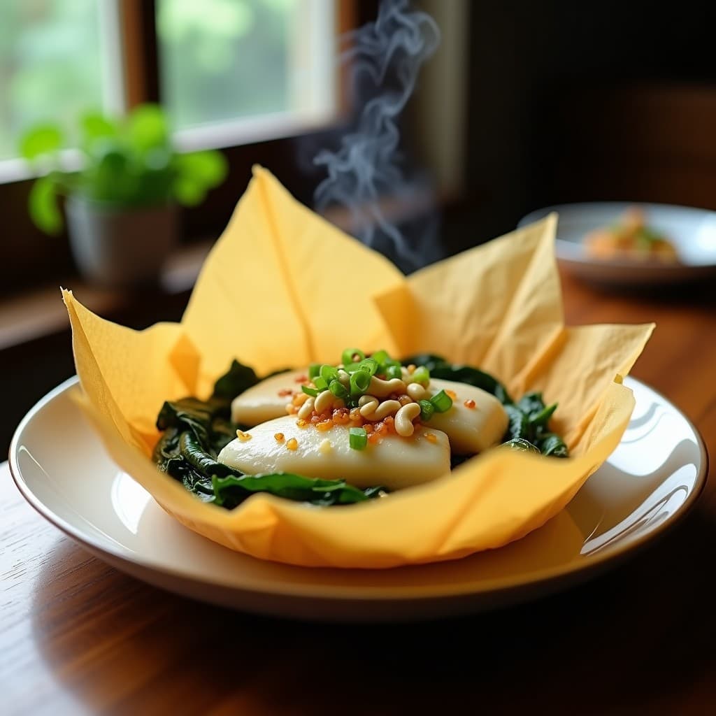 Pudín de pangasius y espinacas al vapor servido en papillote abierto, con salsa de limón confitado dorada, cebollino fresco y anacardos tostados. Receta vietnamita saludable y llena de proteínas.