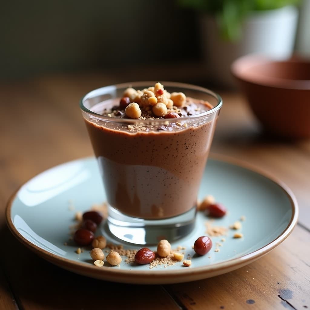 Pudín de quinoa y cacao con sirope de dátiles en vaso de cristal transparente, capas cremosas con toppings de nueces de Brasil, coco rallado y sirope oscuro, fondo de madera rústica.