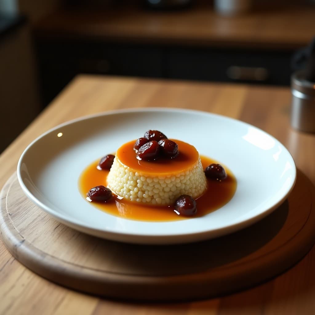 Copa de cristal transparente con pudín de quinoa negra de textura cremosa, coronado con caramelo de dátiles brillante, almendras fileteadas doradas y semillas de chía. Fondo rústico con detalles andinos.