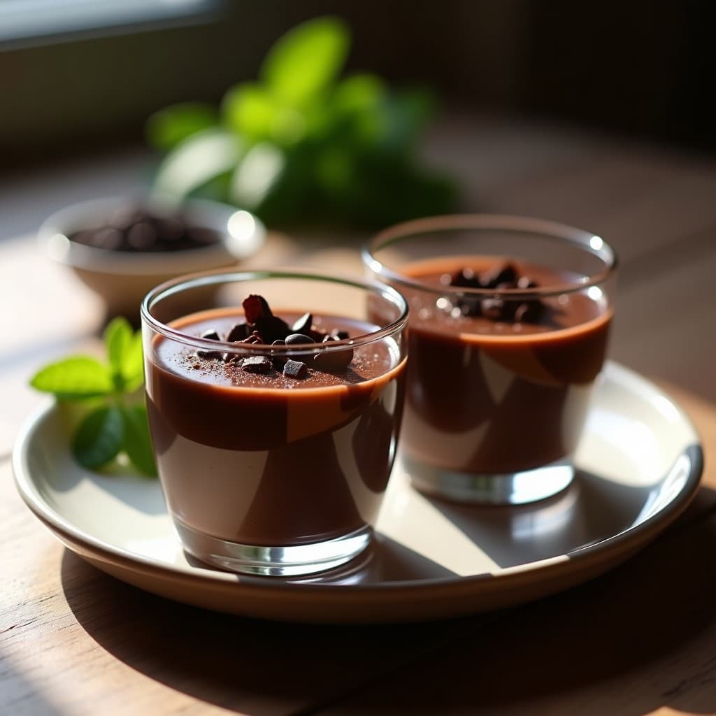 Pudín de sacha inchi y chocolate 85% en copas de cristal transparente, con textura sedosa y brillo intenso, decorado con virutas de chocolate negro y polvo de sacha inchi espolvoreado. Postre peruano sin azúcar en 3 ingredientes, servido sobre una base de madera rústica con hojas de menta fresca.