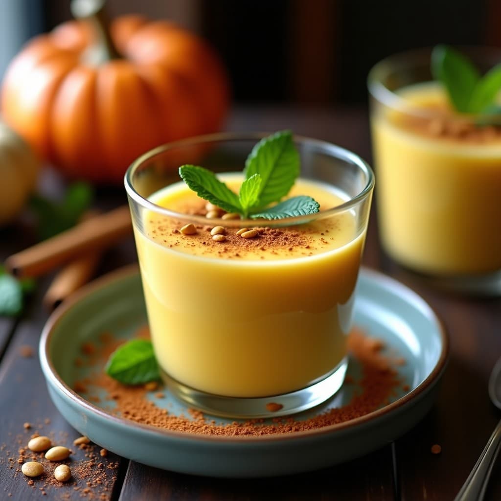 Pudín cremoso de color amarillento en copa de cristal, decorado con semillas de calabaza tostadas, canela en polvo y hojas de menta fresca, con un fondo rústico de madera oscura.