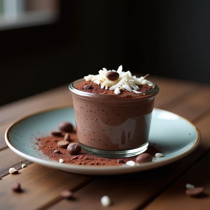 Pudín de semillas de cáñamo y cacao keto servido en un bol de cerámica blanca, con textura cremosa y decorado con almendras fileteadas. Fondo rústico con cucharita de madera y semillas esparcidas, resaltando su aspecto saludable y sin cocción.
