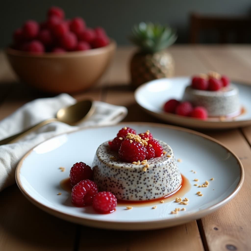 Pudín cremoso de semillas de chía en bowl de cerámica blanca, con capas de mör deshidratado y bayas de goji, decorado con nueces de Brasil picadas y coco rallado. Postre nórdico sin azúcar con textura suave y colores vibrantes.