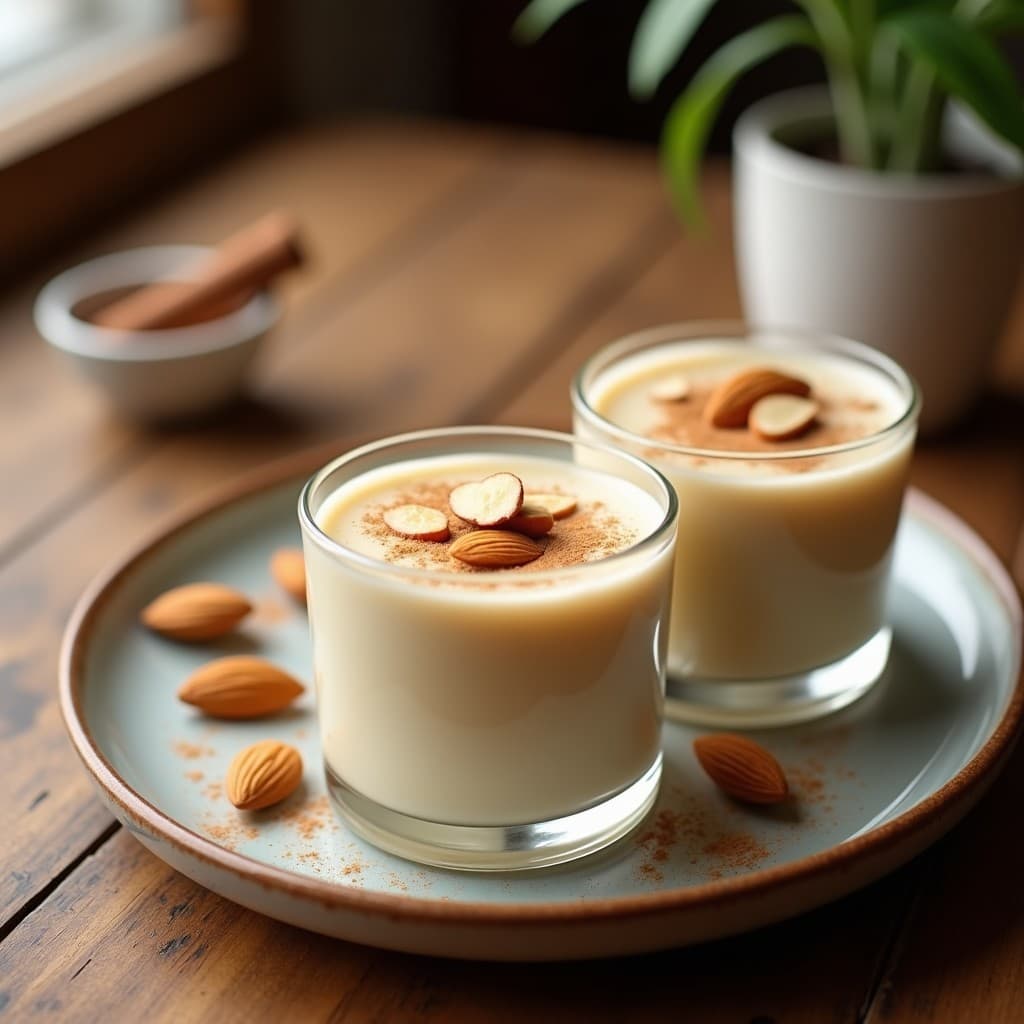 Copas de cristal transparente con pudín de tapioca cremoso, espolvoreado con canela y almendras fileteadas. Postre vegano sin gluten con textura suave y aroma especiado.