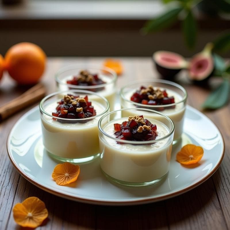 Pudín de tapioca cremoso con leche de amapola en copa de cristal, coronado con compota de higos dorados y espolvoreado con canela, postre colombiano sin lactosa.