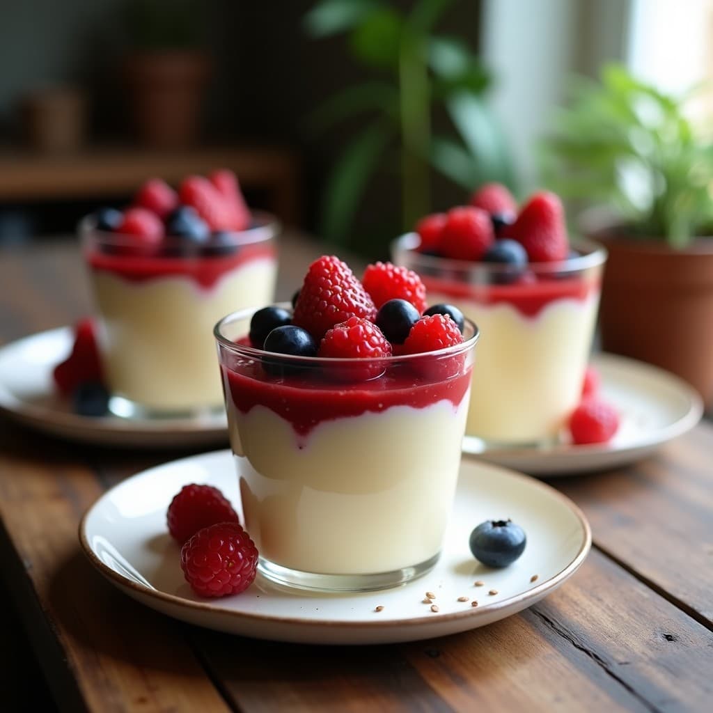 Pudín de tapioca keto en copas de cristal transparente, con capas cremosas de color blanco y topping vibrante de frutos rojos frescos y semillas de chía, servido sobre una mesa de madera rústica con luz natural.