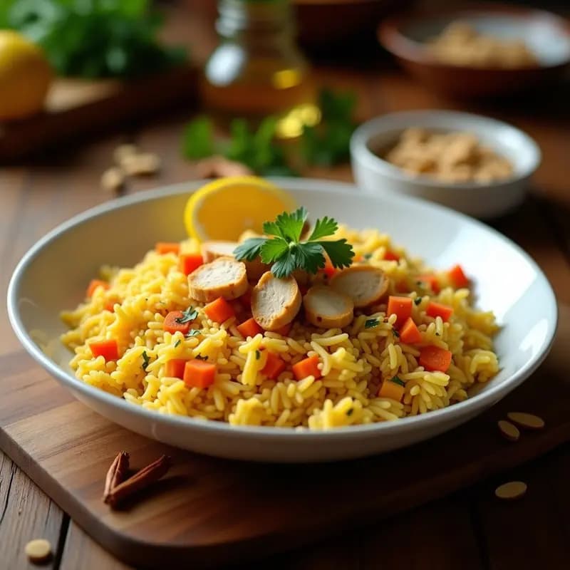 Plato hondo de cerámica blanca con Pulav Iraní: arroz basmati dorado por el azafrán, trozos de pollo tierno, zanahorias en juliana y almendras tostadas espolvoreadas. Decorado con cilantro fresco y una rodaja de limón al lado.