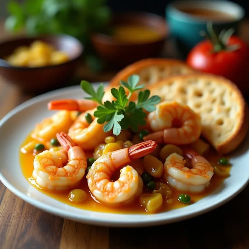 Plato de pule de camarón al ajillo con pan de yuca crujiente, camarones rosados en salsa dorada con ajo y tomate, sobre base de pan de yuca tostado, decorado con cilantro fresco y limón.