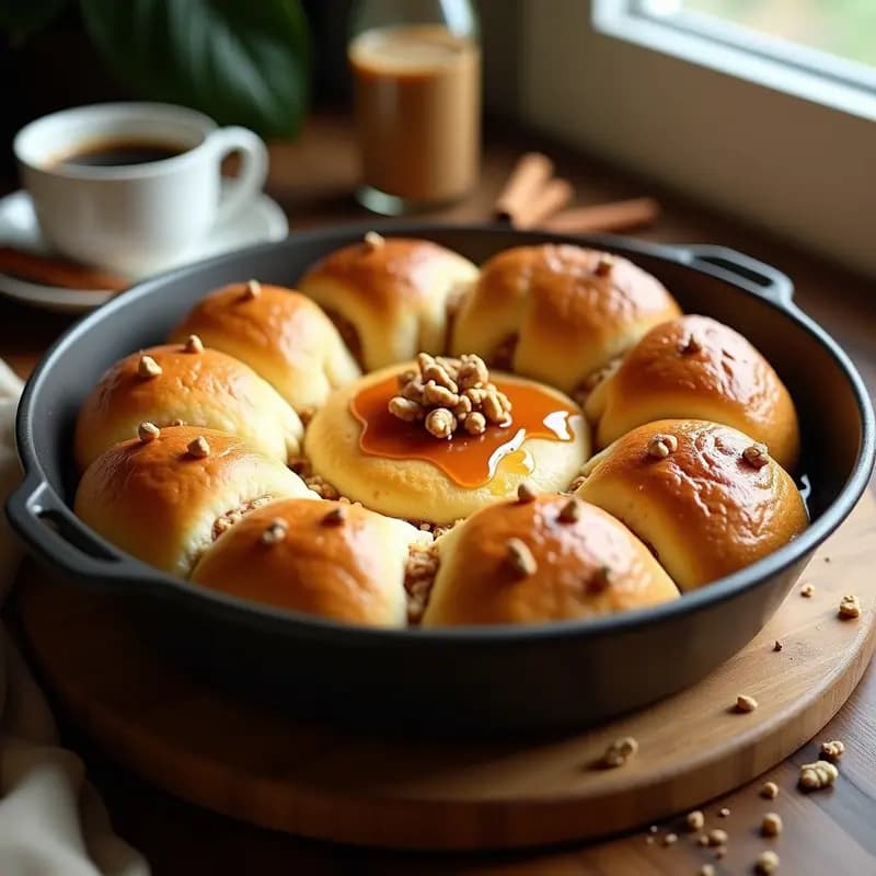 Pull Apart Bread vegano recién horneado en molde redondo, con capas doradas de pan esponjoso separándose fácilmente, relleno de queso crema de anacardos y espolvoreado con canela y nueces picadas. Desayuno namun-goloso ideal para compartir.