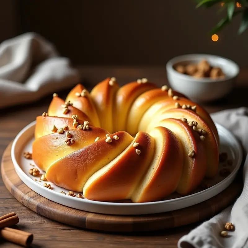 Pulla finlandés sin azúcar en forma de bolas doradas, espolvoreadas con almendras fileteadas y canela, sobre una bandeja de horno rústica con fondo borroso de especias y harina.