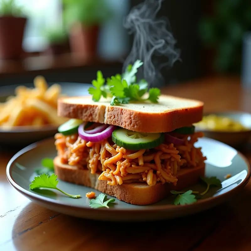 Sándwich vegano de pulled pork de jackfruit al estilo cubano, con pan cubano tostado, jackfruit desmenuzada dorada, cebolla morada, pepino encurtido y cilantro fresco, servido en plato rústico con fondo de madera.