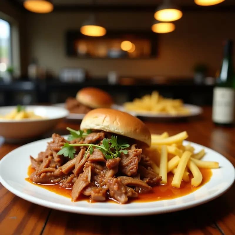 Plato de pulled pork al estilo cubano desmenuzado, bañado en mojo criollo verde, acompañado de yuca frita dorada y crujiente, con cilantro fresco espolvoreado y rodajas de cebolla morada. Receta tradicional cubana con toque moderno.