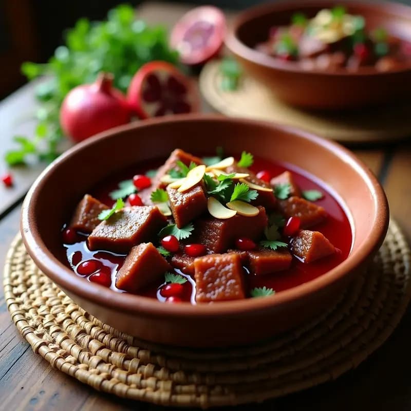 Plato hondo de barro con Pulpaki de Res con Salsa de Granada, carne tierna en salsa espesa color rubí, espolvoreada con almendras fileteadas y cilantro fresco, acompañada de granos de granada brillantes.