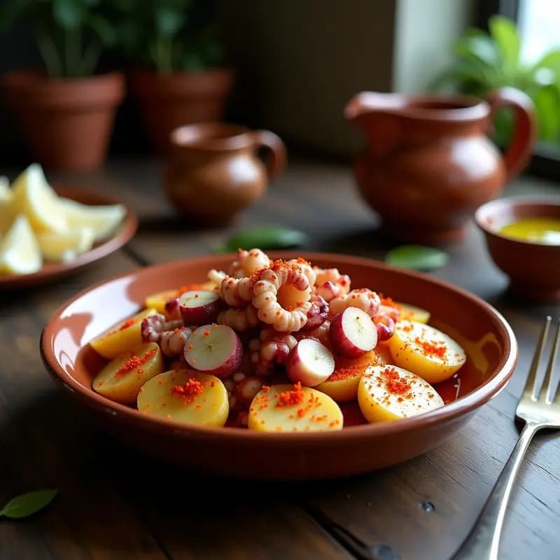 Plato tradicional de pulpo a la gallega con patatas cachelo cortadas en rodajas gruesas, espolvoreado con pimentón de la Vera y regado con aceite de oliva virgen extra, servido en fuente de barro rústica.