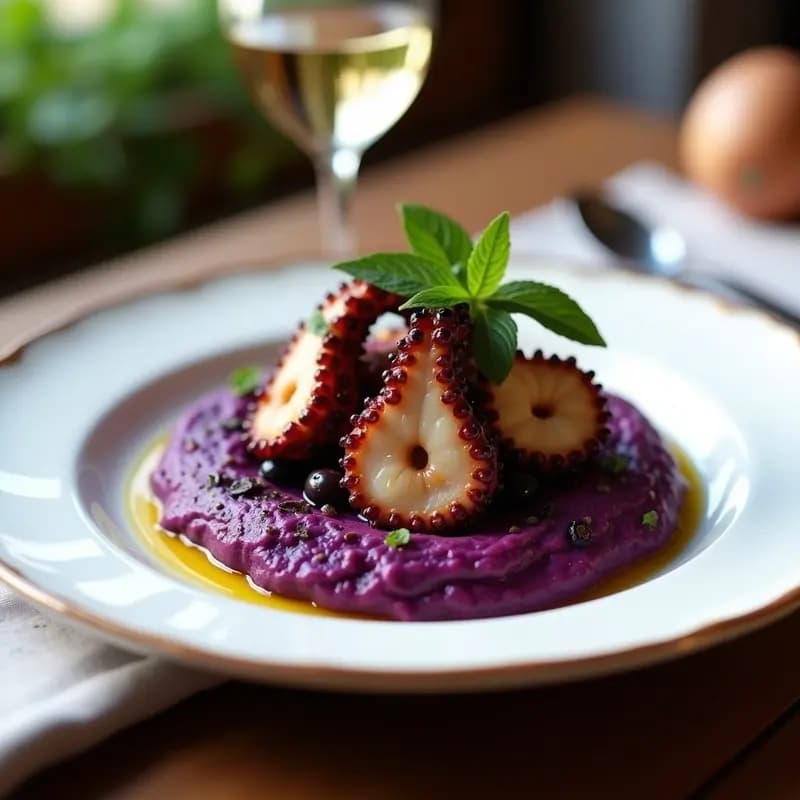 Plato gourmet portugués con pulpo al olivo dorado sobre puré de patatas moradas cremoso, decorado con aceitunas negras y un hilo de aceite de oliva virgen extra, servido en vajilla rústica de barro.