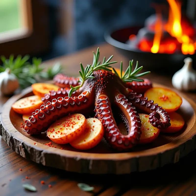 Plato rústico de madera con pulpo a la brasa en trozos grandes, dorado y ligeramente carbonizado, acompañado de papas panaderas asadas con pimentón de la Vera, romero fresco y un toque de aceite de oliva virgen extra. Fondo de BBQ con brasas y humo suave.