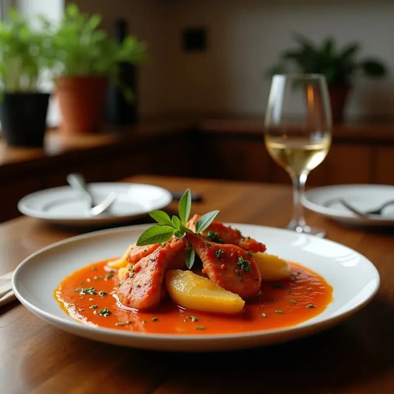 Plato rústico de barro con pulpo a la brasa dorado, rodajas de patata morada asadas y espolvoreado con pimentón rojo, decorado con perejil fresco. Receta portuguesa con toque ibérico de pulpo a la brasa con patata morada y pimentón.