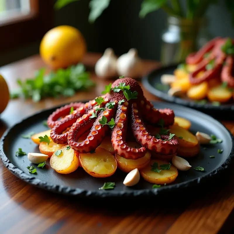 Plato de pizarra rústica con pulpo a la brasa dorado y jugoso, acompañado de patatas panaderas doradas y crujientes, decorado con perejil fresco y rodajas de limón. Receta portuguesa tradicional al estilo gallego.