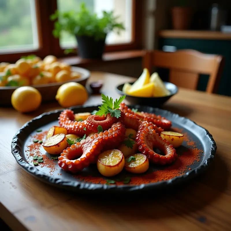 Pulpo a la brasa con patatas y pimentón: plato rústico de madera con trozos de pulpo dorado y ahumado, rodajas de patatas binha crujientes espolvoreadas con pimentón de la Vera, decorado con perejil fresco y gajos de limón. Receta portuguesa gourmet en parrilla.