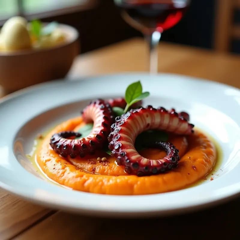 Plato blanco con pulpo a la brasa dorado sobre puré de batata cremoso y romesco de avellanas, decorado con aceite de oliva y pimentón, receta española gourmet en grill.