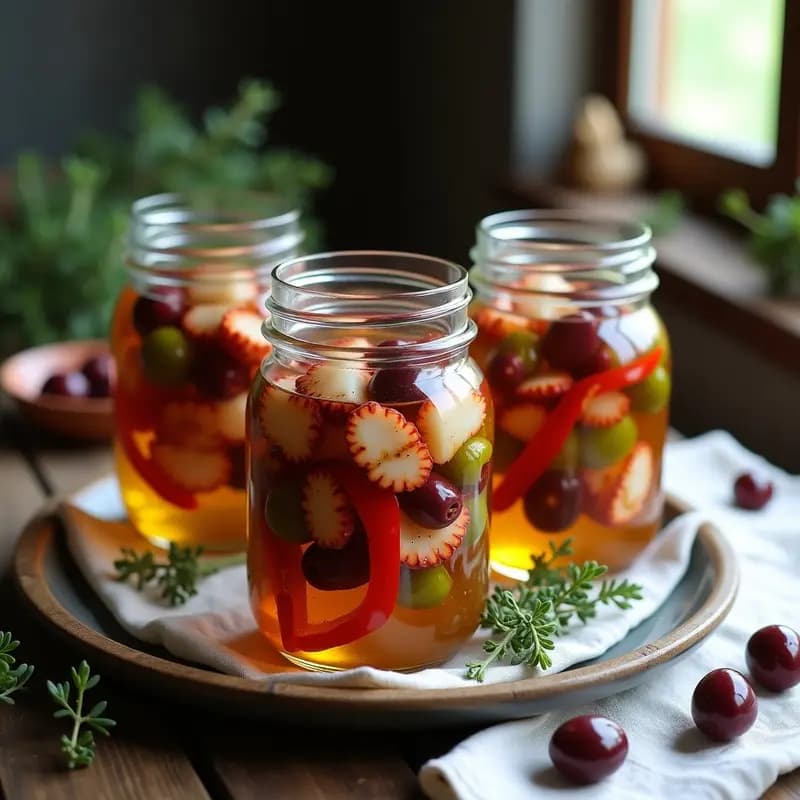 Tarros de cristal transparentes llenos de pulpo en escabeche con trozos de pimientos asados rojos y verdes, aceitunas verdes enteras, cebolla morada y zanahoria en rodajas, bañados en un líquido dorado de vinagre y aceite de oliva. Plato tradicional español en conserva con especias visibles como hojas de laurel y granos de pimienta.
