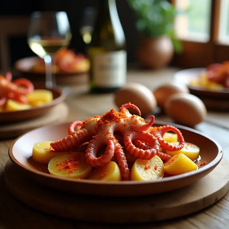 Plato tradicional gallego de pulpo a feira con rodajas gruesas de patatas cocidas, espolvoreado con pimentón de la Vera y bañado en aceite de oliva virgen extra, servido en fuente de madera rústica.