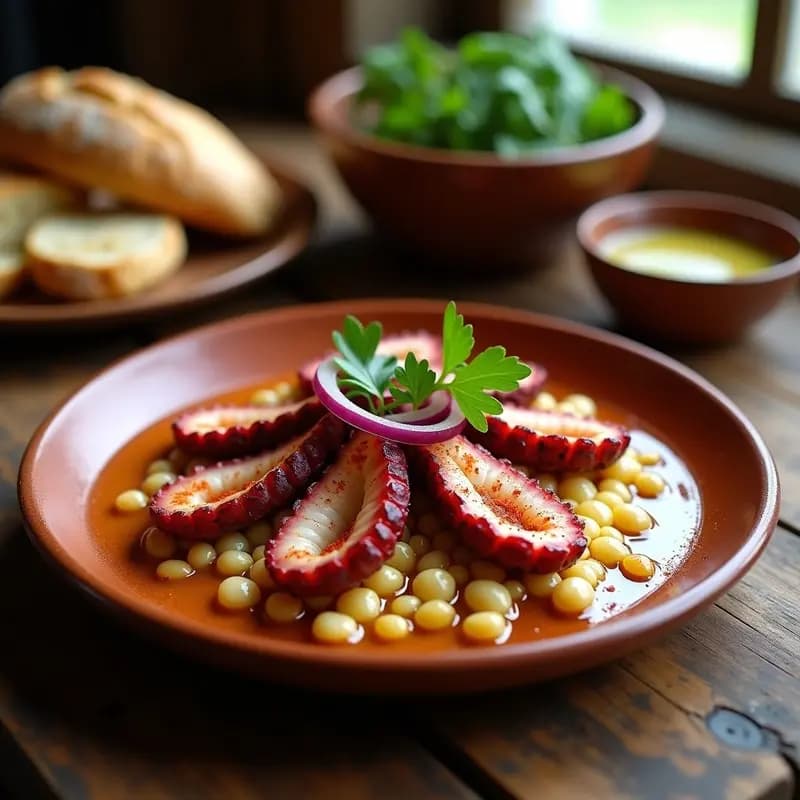 Plato hondo de barro con pulpo a la gallega en rodajas gruesas, acompañadas de cachuchas blancas cremosas, bañadas en aceite de oliva virgen extra y espolvoreadas con pimentón de la Vera. Decorado con perejil fresco y trozos de cebolla morada. Fondo rústico de madera con pan de pueblo.