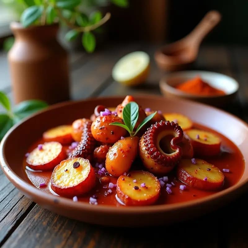 Plato hondo de barro con pulpo a la gallega en trozos, papas panaderas doradas y crujientes, espolvoreado con pimentón de la Vera y perejil fresco, receta española gourmet en olla a presión.