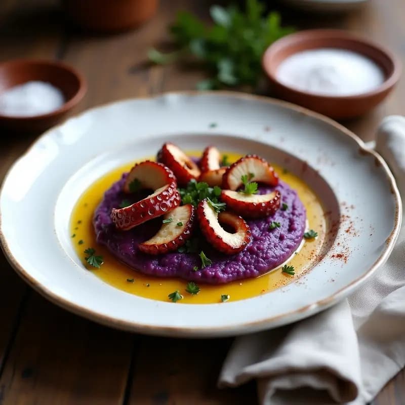 Plato de pulpo a la gallega con patata morada: trozos dorados de pulpo sobre un puré violeta cremoso, decorado con perejil fresco y un hilo de aceite de oliva virgen extra, receta española tradicional alta en proteína.