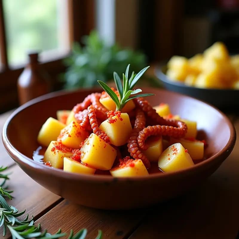 Plato de pulpo a la gallega con rodajas gruesas de patata amarilla, espolvoreado con pimentón rojo y regado con aceite de oliva virgen extra, servido en fuente de barro rústica sobre fondo de madera oscura.
