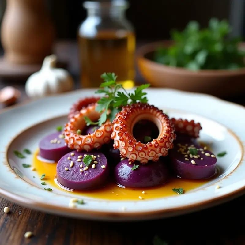 Plato de cerámica blanca con pulpo a la gallega en trozos sobre rodajas de patatas moradas, espolvoreado con pimentón de la Vera, perejil fresco y semillas de sésamo. Receta española alta en hierro y omega-3.