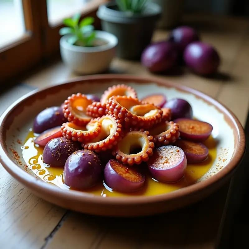 Plato tradicional gallego con pulpo tierno en rodajas sobre patatas violáceas en rodajas gruesas, espolvoreado con pimentón de la Vera y perejil fresco. Servido en fuente de barro rústica con un hilo de aceite de oliva virgen extra brillando bajo la luz.