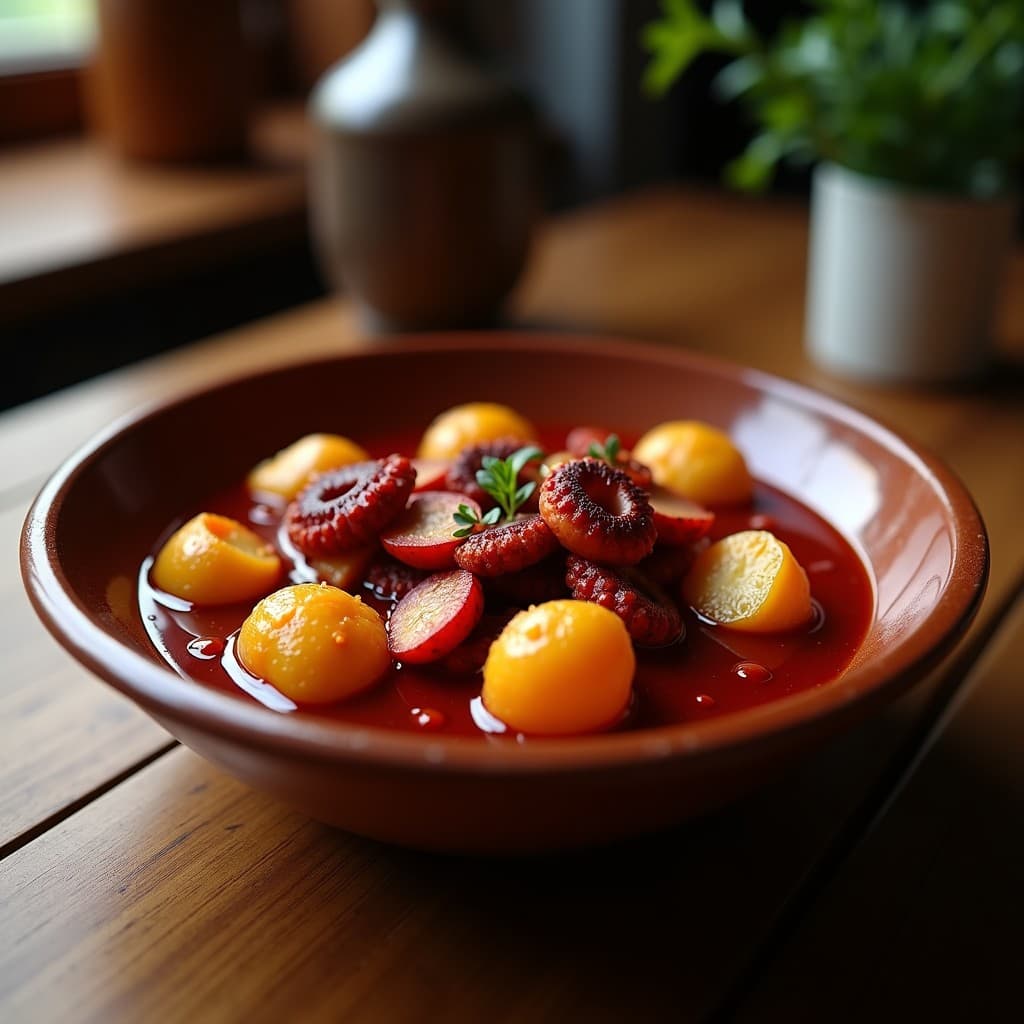 Plato hondo de barro con pulpo a la gallega en trozos gruesos, bañado en salsa de pimentón ahumado y acompañado de patatas monalisa doradas. La receta tradicional española en olla lenta, con un toque rústico y reconfortante.