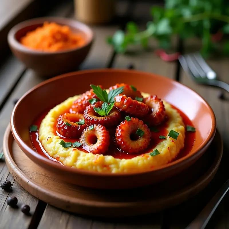 Plato blanco rústico con pulpo a la gallega en trozos tiernos, patatas monstruo doradas, espolvoreado con pimentón de la Vera y perejil fresco. Receta española baja en calorías hecha en olla GM.