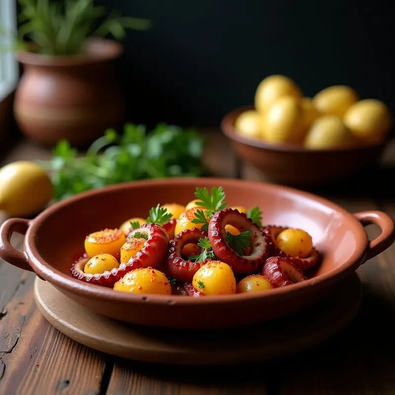 Plato hondo de barro con pulpo a la gallega en rodajas gruesas, patatas cocidas doradas y espolvoreado con pimentón de la Vera y perejil fresco, receta tradicional española en olla rápida.