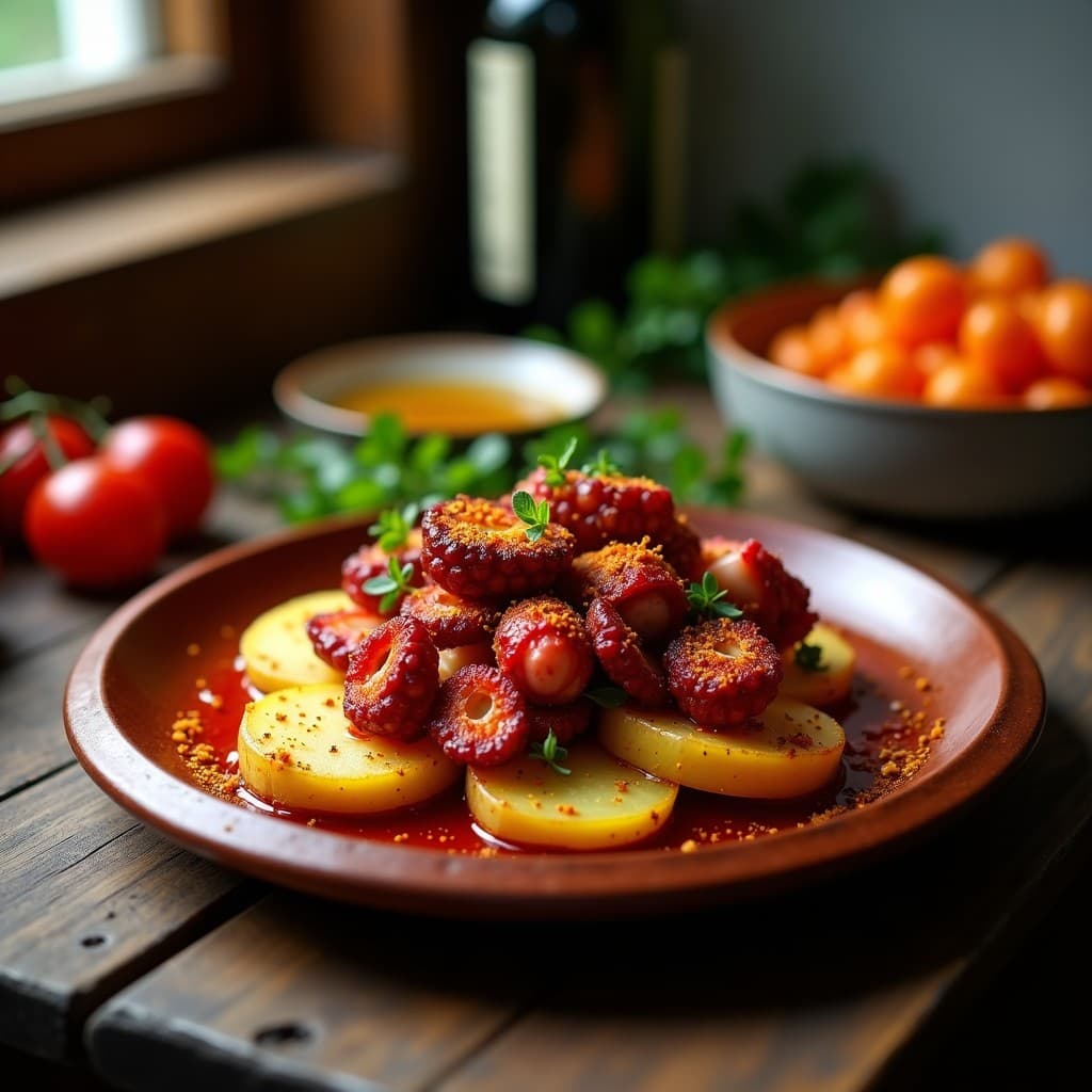 Plato tradicional gallego con pulpo cocido en trozos sobre patatas cocidas, espolvoreado con pimentón de la Vera y bañado en aceite de oliva virgen extra, servido en fuente de madera rústica.
