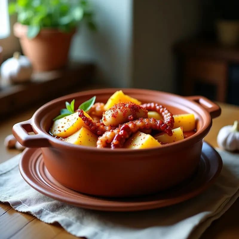 Cazuela de barro humeante con pulpo a la gallega troceado, rodajas de patata doradas y pimentón de la Vera espolvoreado, típico plato español tradicional.