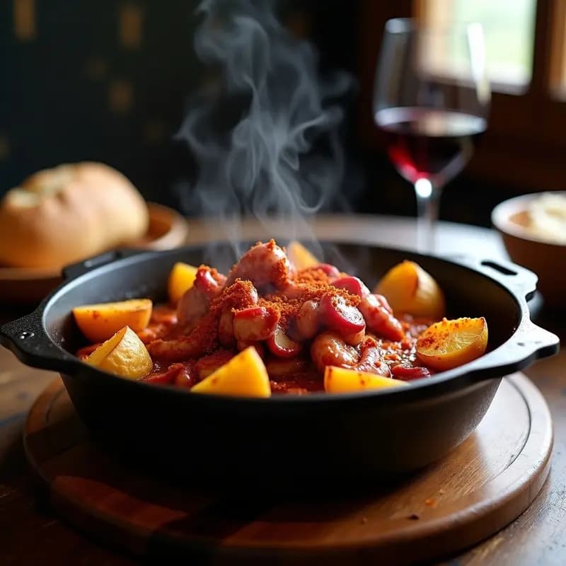 Cazuela de hierro fundido con pulpo a la gallega y patatas kennebec bañados en salsa de pimentón de la Vera, servido en plato de barro rústico con aroma a humo y tradición española.