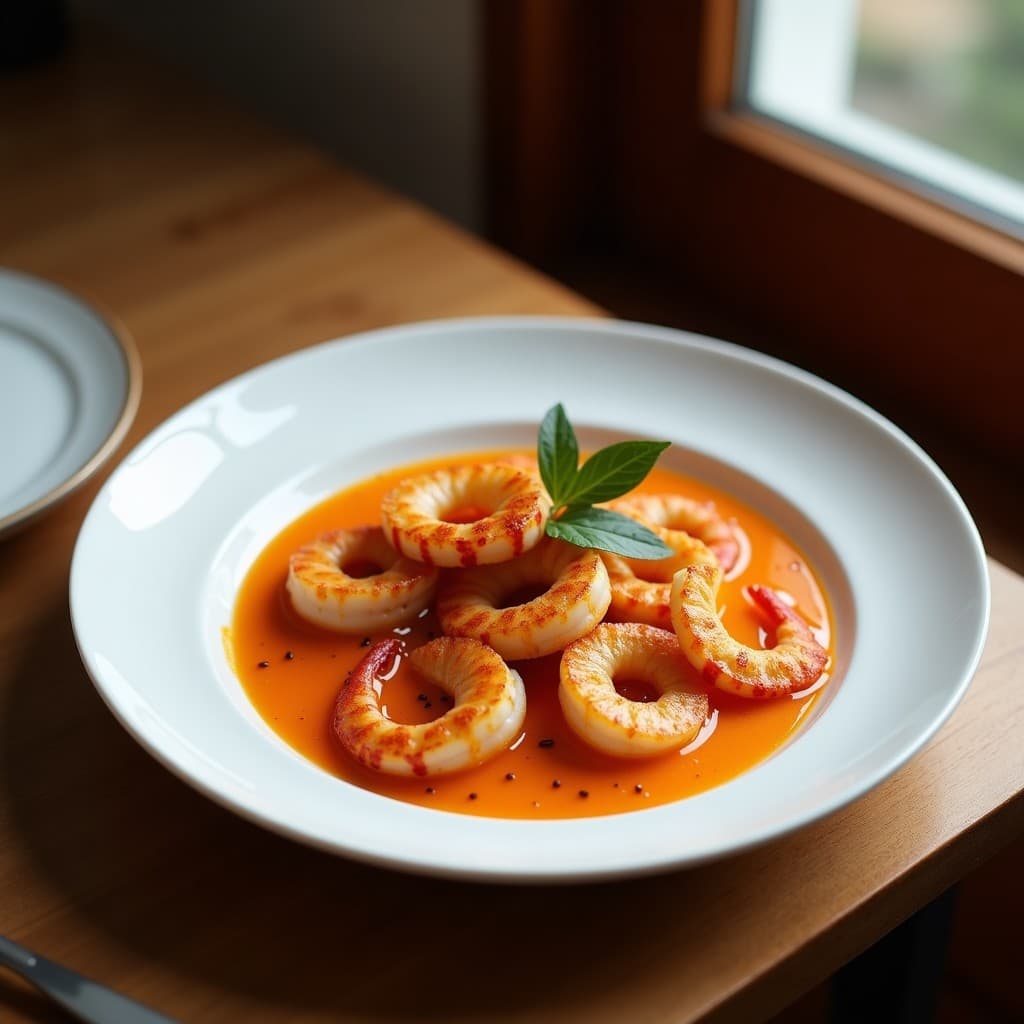 Plato hondo de cerámica blanca con pulpo a la gallega en trozos, servido sobre puré cremoso de castañas y patatas, espolvoreado con pimentón de la Vera y aceite de oliva virgen extra, receta española en olla express.