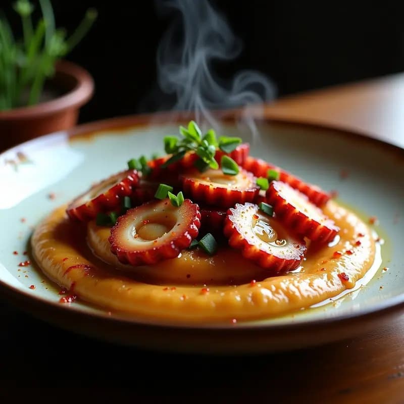 Plato blanco rústico con rodajas de pulpo a la gallega doradas, cubiertas de pimentón de la Vera, sobre un puré cremoso de castañas. Acompañado de un hilo de aceite de oliva virgen extra y decorado con pimienta negra molida.