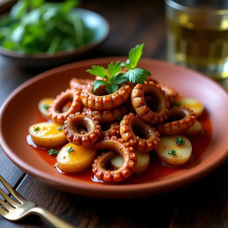 Plato rústico de barro con pulpo a la gallega vegano: setas king oyster en tiras doradas sobre rodajas de patatas nuevas, bañadas en jugo rojo oscuro de pimentón y aceite de oliva, decorado con perejil fresco.