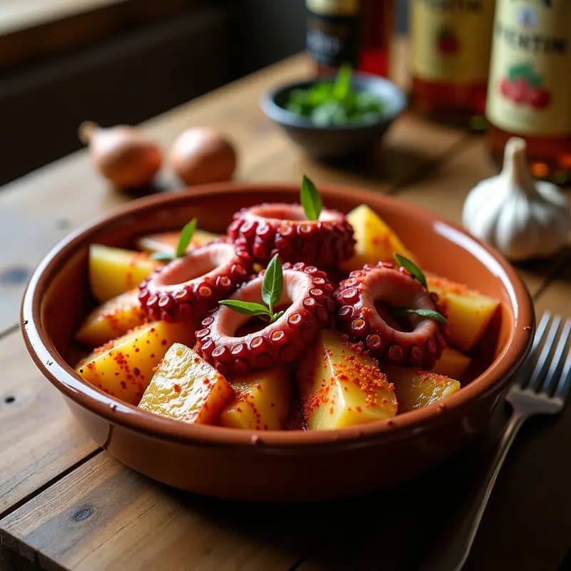 Plato tradicional español de pulpo a la gallega con cachelo y pimentón, servido en fuente de barro con patatas en gajos, rodajas de pulpo tiernas y espolvoreado con pimentón de la Vera, listo para degustar en una feria.
