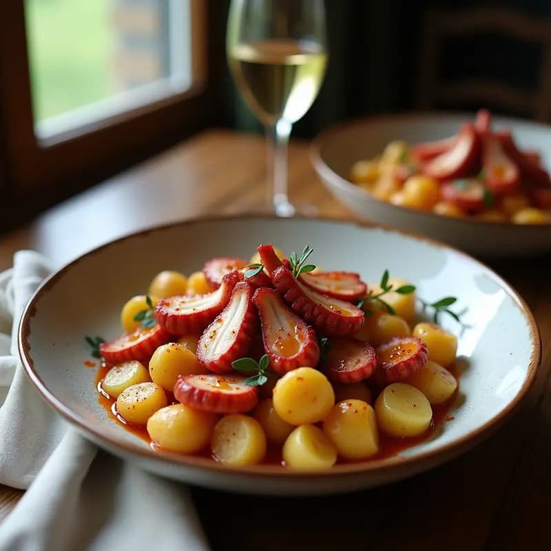 Plato tradicional gallego de pulpo a la gallega con cachucha, servido en sartén de hierro con rodajas de pulpo tierno, patatas cachucha enteras doradas y espolvoreado con pimentón de la Vera, rodeado de aceite de oliva virgen extra brillante.